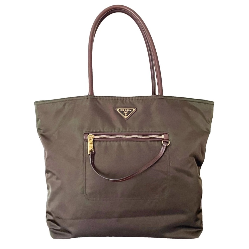 Prada brown Tessuto nylon and nappa leather gold hardware shoulder tote bag